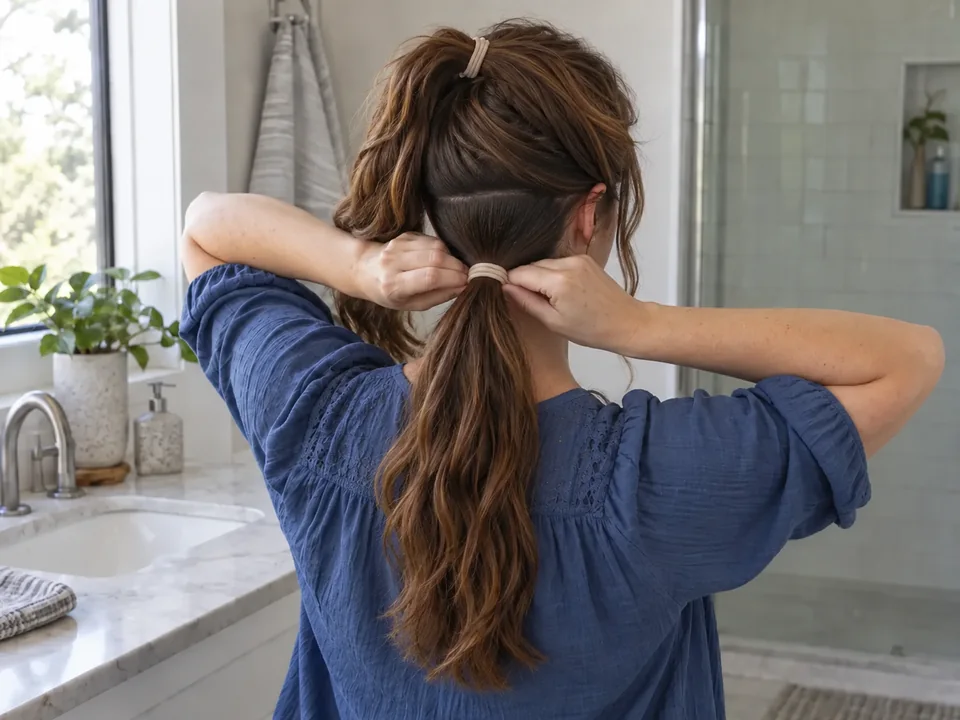 Holding the upper tail over one shoulder while securing the remaining hair into a separate lower ponytail.