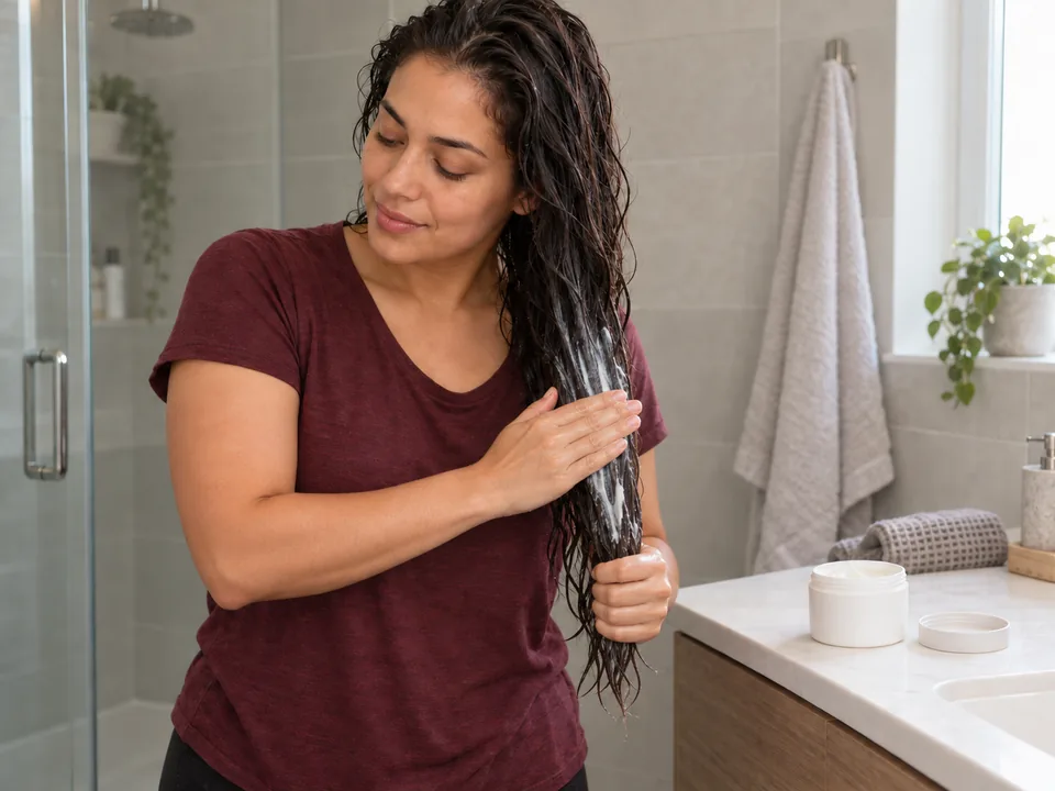 A woman smooths a visible layer of white hair mask through the middle and ends of one wet hair section.