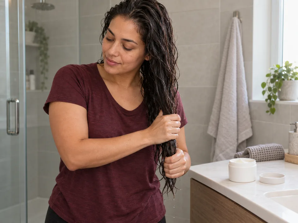 A woman gently squeezes excess water from her long wet wavy hair beside an open unbranded mask jar.