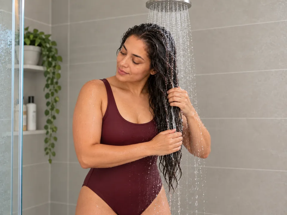 A woman in a burgundy one-piece swimsuit rinses her long hair under shower water, guiding the lengths in front of her with both hands.