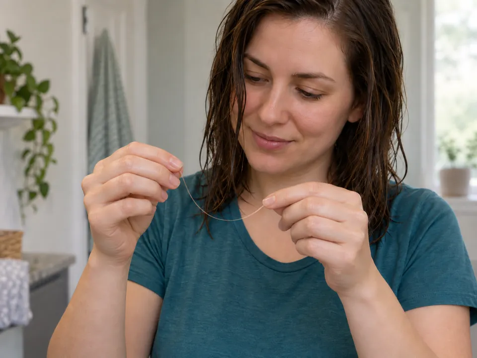 Holding one wet shed hair loosely without pulling it tight.