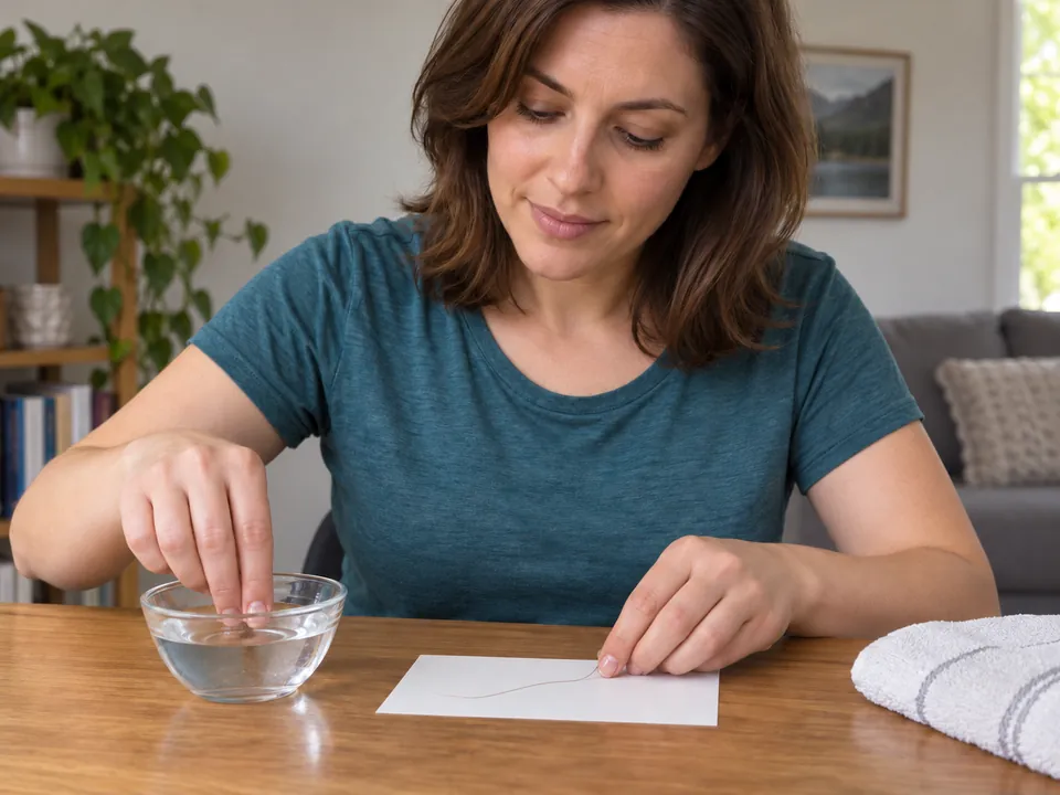 Dampening a naturally shed hair beside a small water bowl.