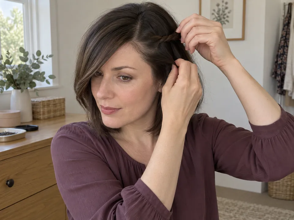 Holding a loose side twist away from the face.