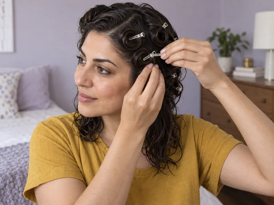 A woman holds one flat circular pin curl with one hand while placing a smooth pin-curl clip with the other.