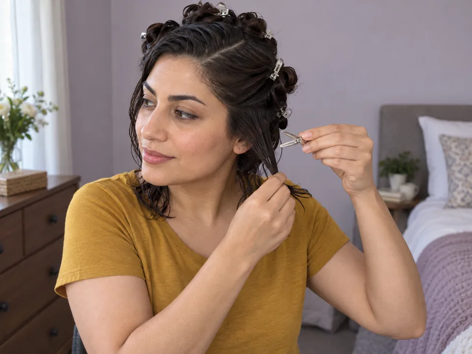 A woman with damp loose shoulder-length hair holds one small smooth side section and a pin-curl clip.
