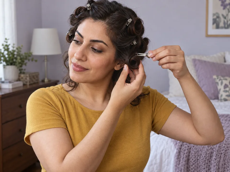A woman supports a fully dry flat pin curl while removing its clip, with other pin curls still secured.