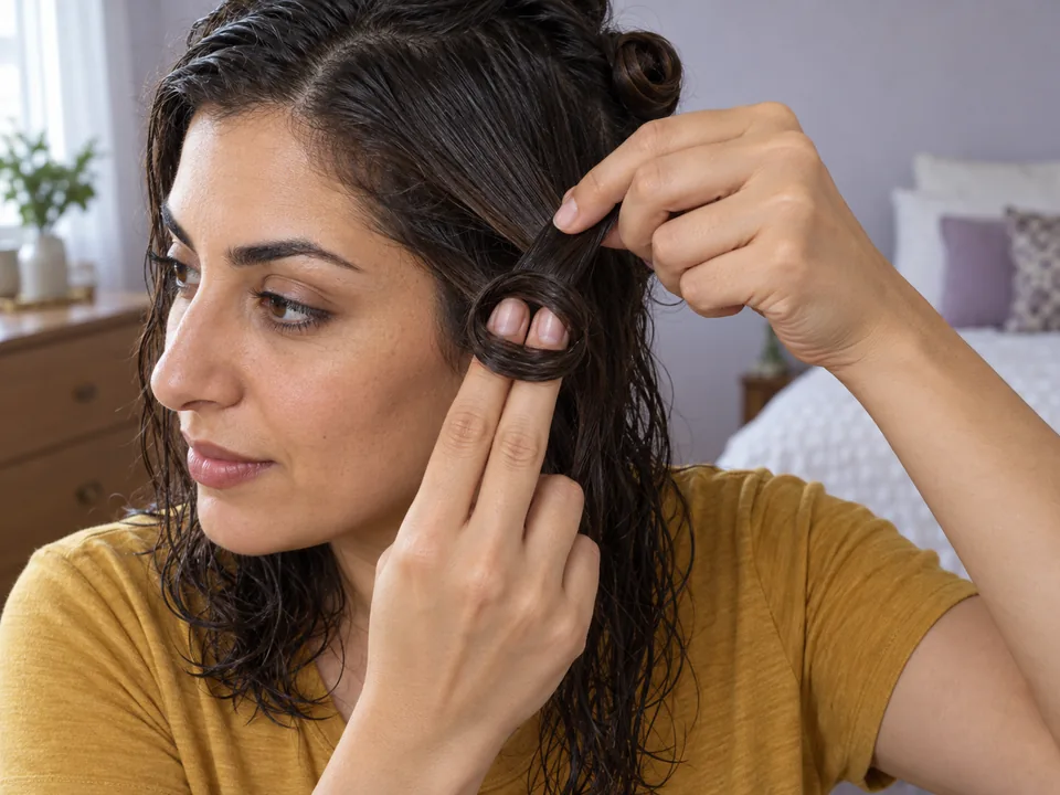 A woman uses both hands to form one damp side section into a flat circular pin curl around two fingers.