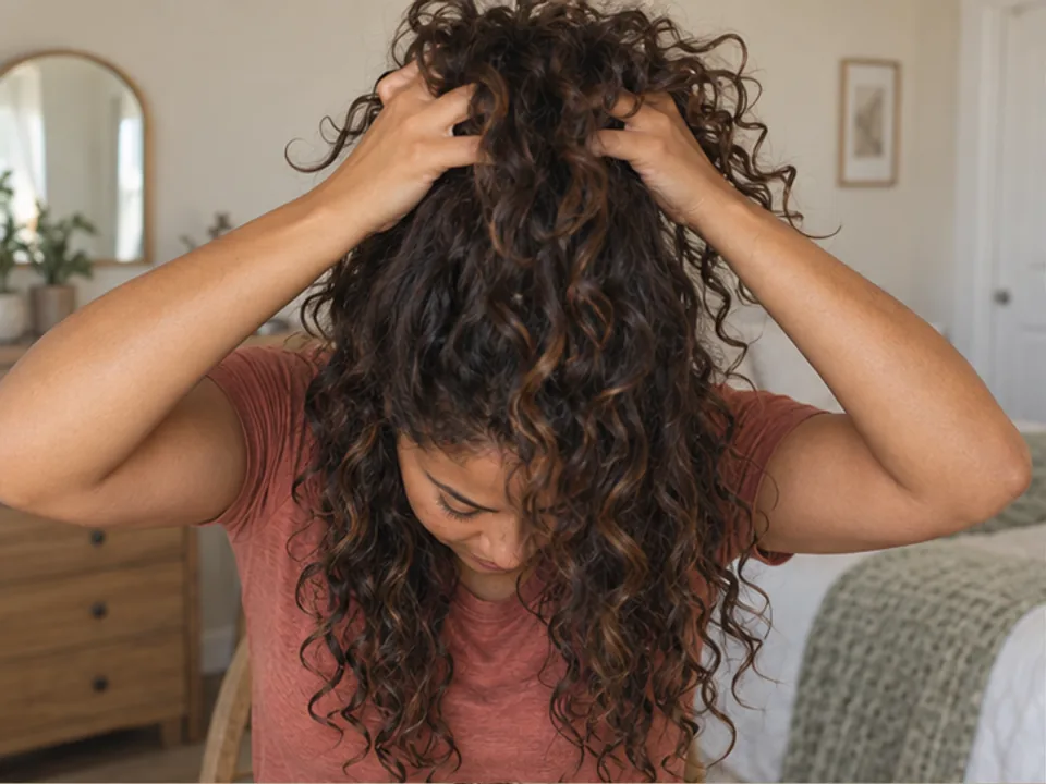 A woman leans forward slightly and gathers her fully dry long curls toward the top of her head with both hands.