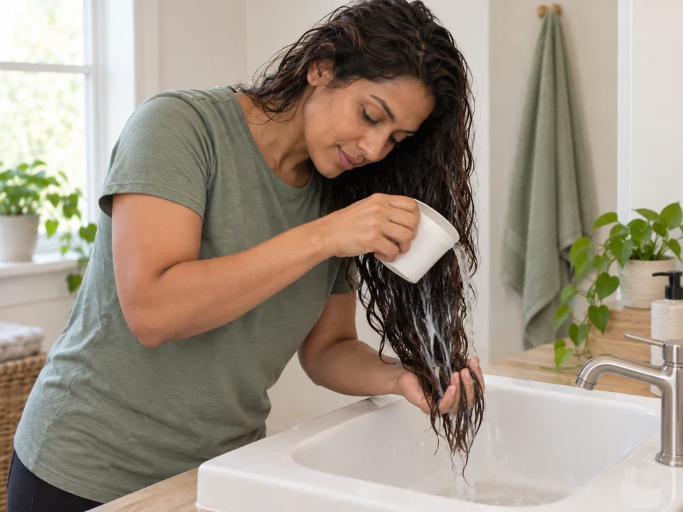 Rinsing a supported section of loose lengths over a home basin with water from a cup.
