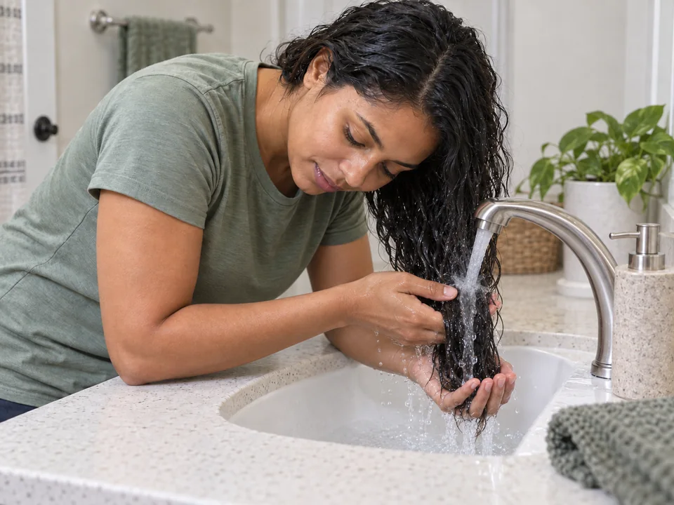 Rinsing pre-wash treatment from a supported section over a home basin.