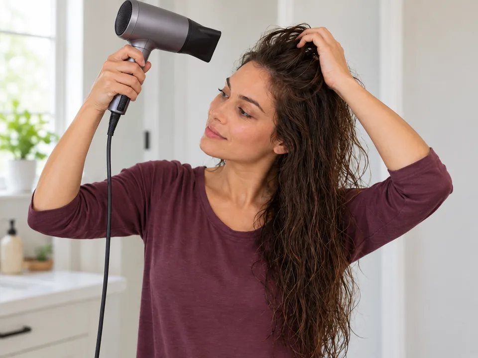 One hand lifts damp roots while the other moves a dryer on cool or permitted low heat.