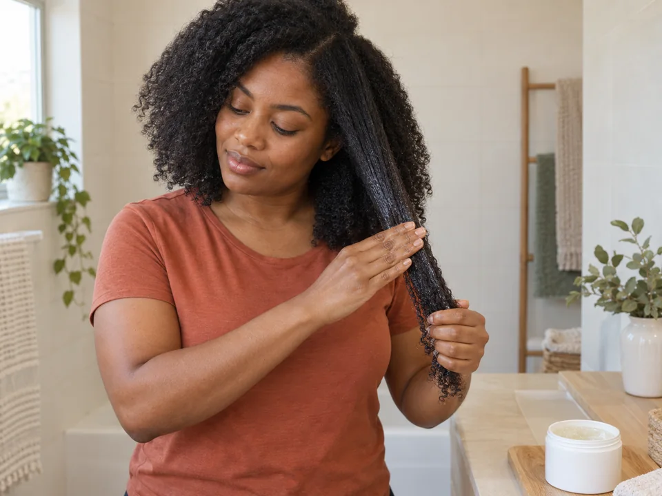 Smoothing detangling pre-poo onto a dry loose section before working through snags.