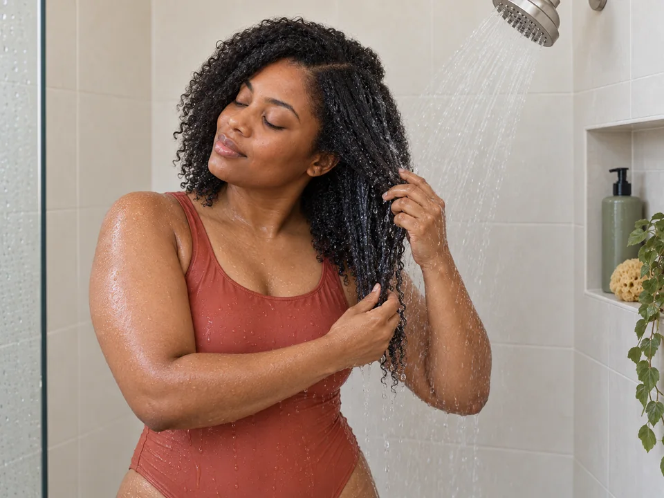 Opening a detangled section for rinsing under a home shower while wearing a terracotta swimsuit.