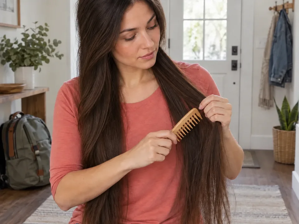 Her long hair hangs completely loose as one hand supports a section and the other gently detangles with a wide-tooth comb.