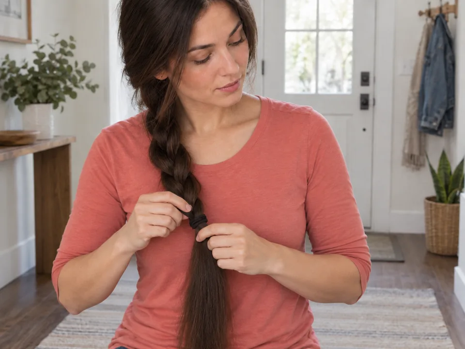 Both hands form a loose low braid and check that the nape stays free of tension.