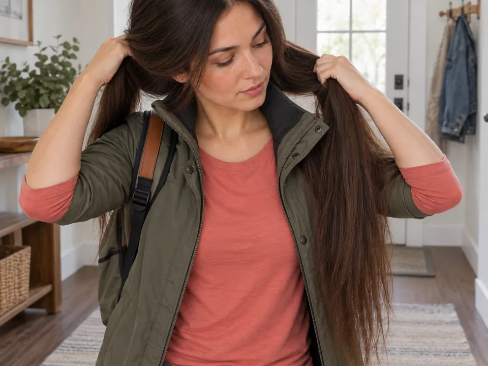 Both hands lift long hair clear before a collar and backpack strap touch the nape.
