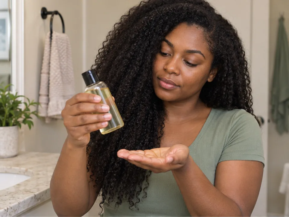 A woman checks an unlabeled hair-oil bottle over her palm with dry loose lengths forward.