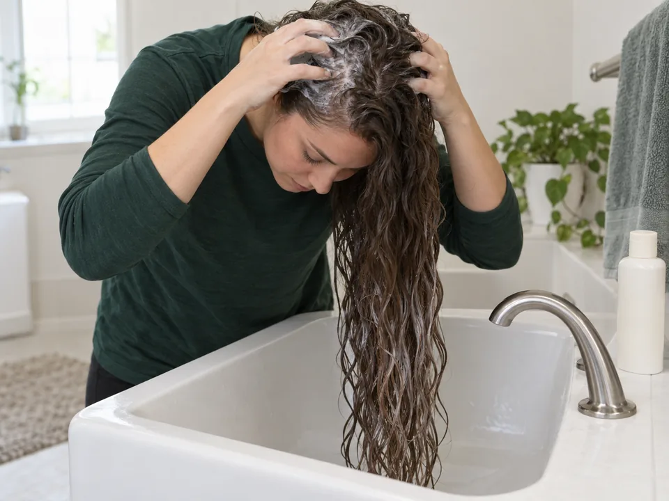 One hand rinses conditioner from the lengths before finger pads shampoo the scalp.
