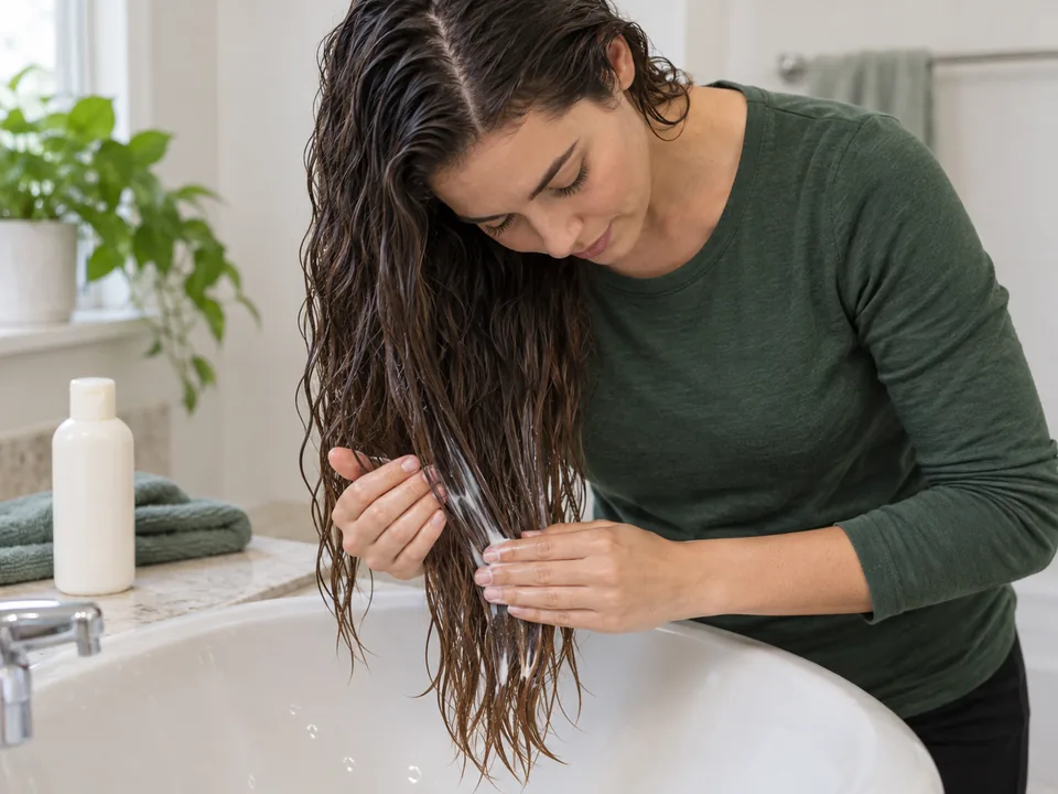 Both hands smooth rinse-out conditioner over wet mids and ends below the roots.