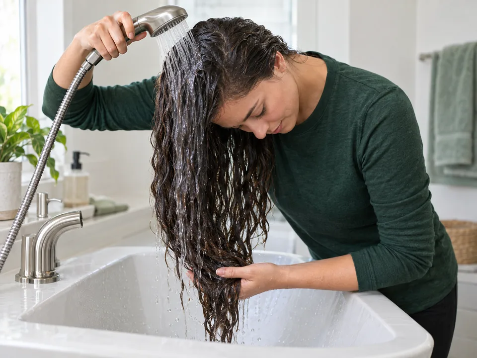 Both hands guide rinse water from the scalp through the hanging lengths until product is gone.