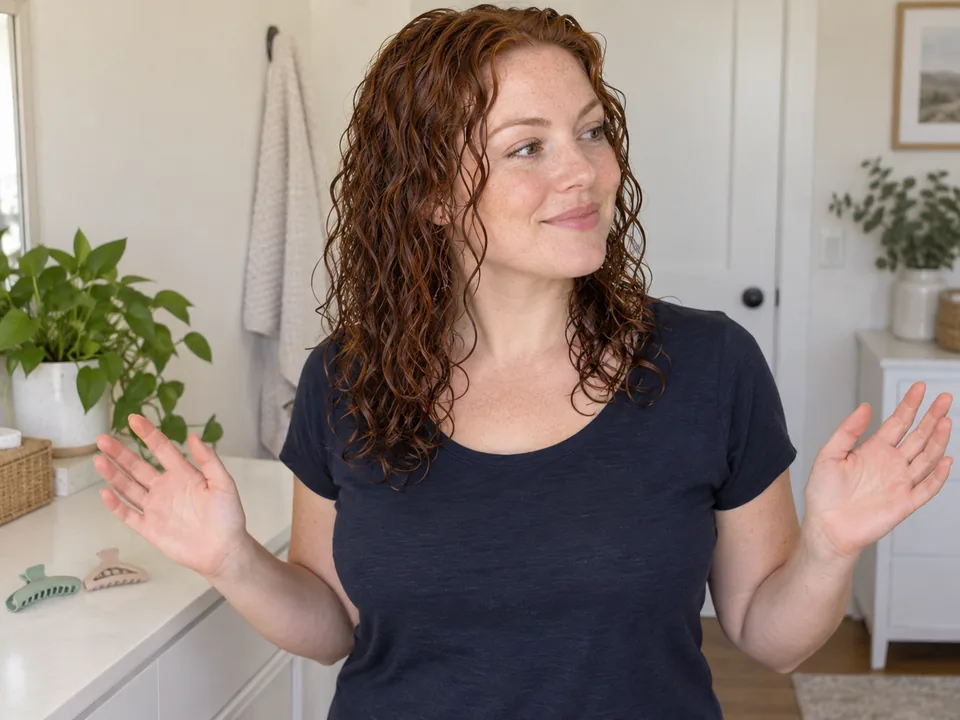 A woman releases a defined wet curl group and keeps both hands clear while another section remains clipped.