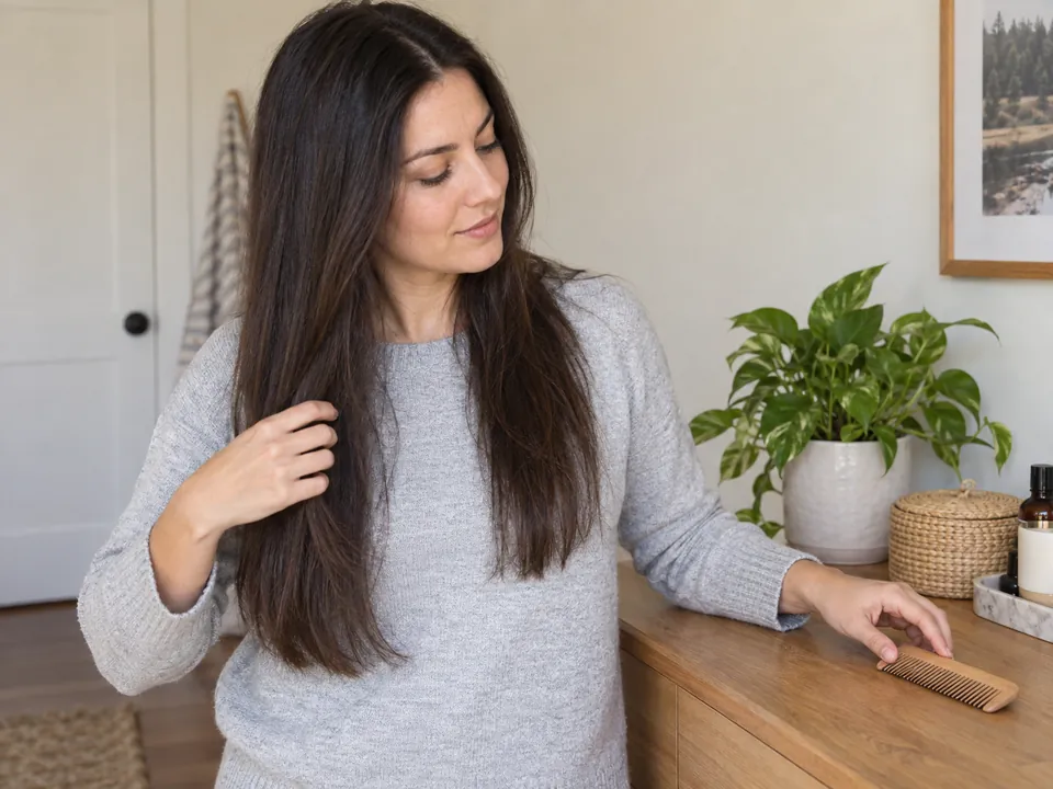 Setting the comb aside while lightly arranging dry lengths.