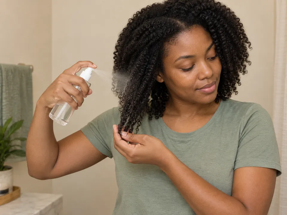 A woman lightly mists the lower lengths of a supported side section of coils.