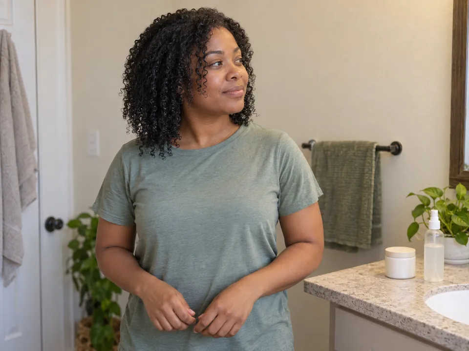 A woman lets her lightly damp coils dry loose with both hands lowered.