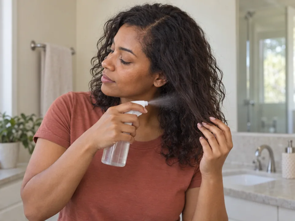 Woman aims a plain fine-mist bottle below her face at the mid-lengths and ends of one supported curl section.