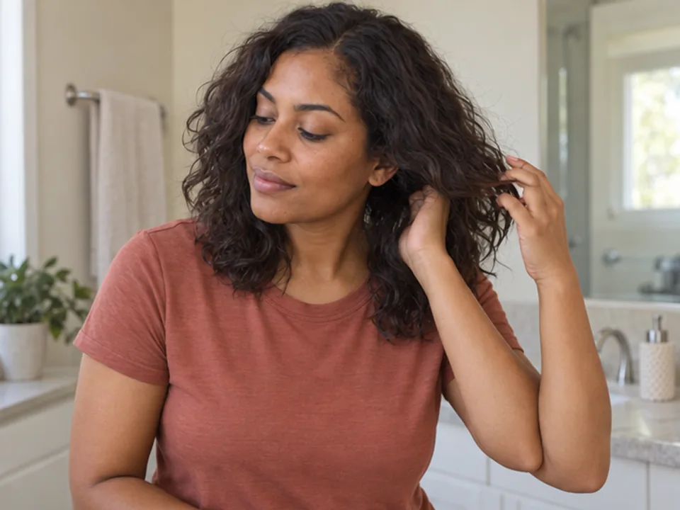 Woman checks a dry refreshed outer curl section while lifting inner hair near the nape with her other hand.