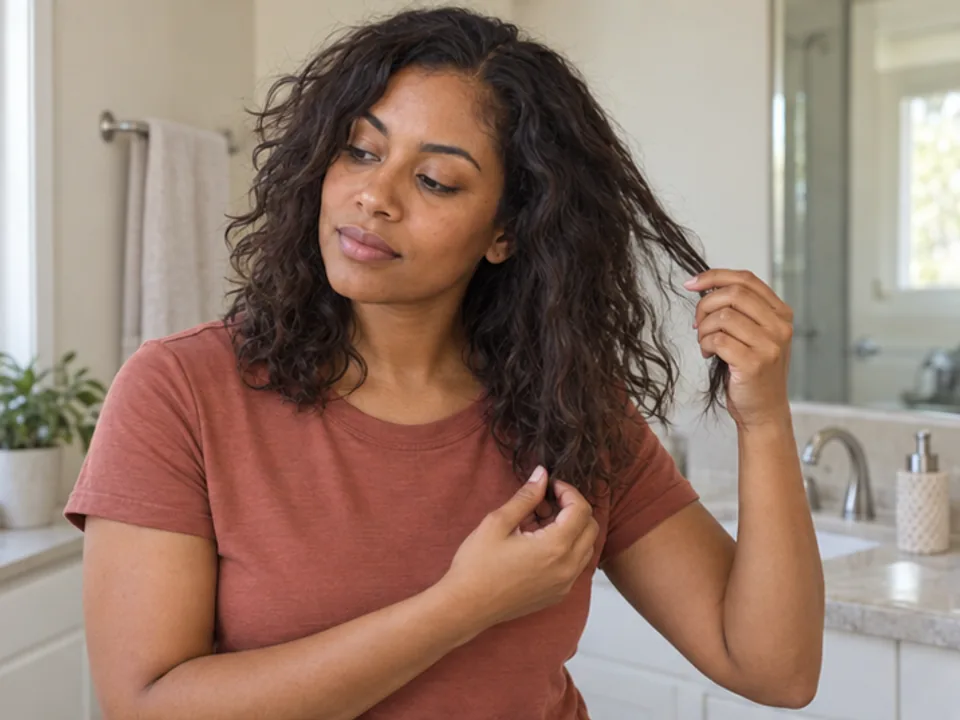Woman with dry loose waves and curls gently isolates one disrupted side section with her own hands.