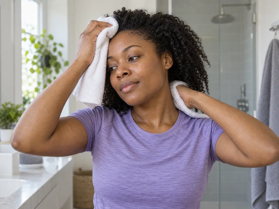 Both hands press a clean towel at the sweaty hairline and nape without rubbing.
