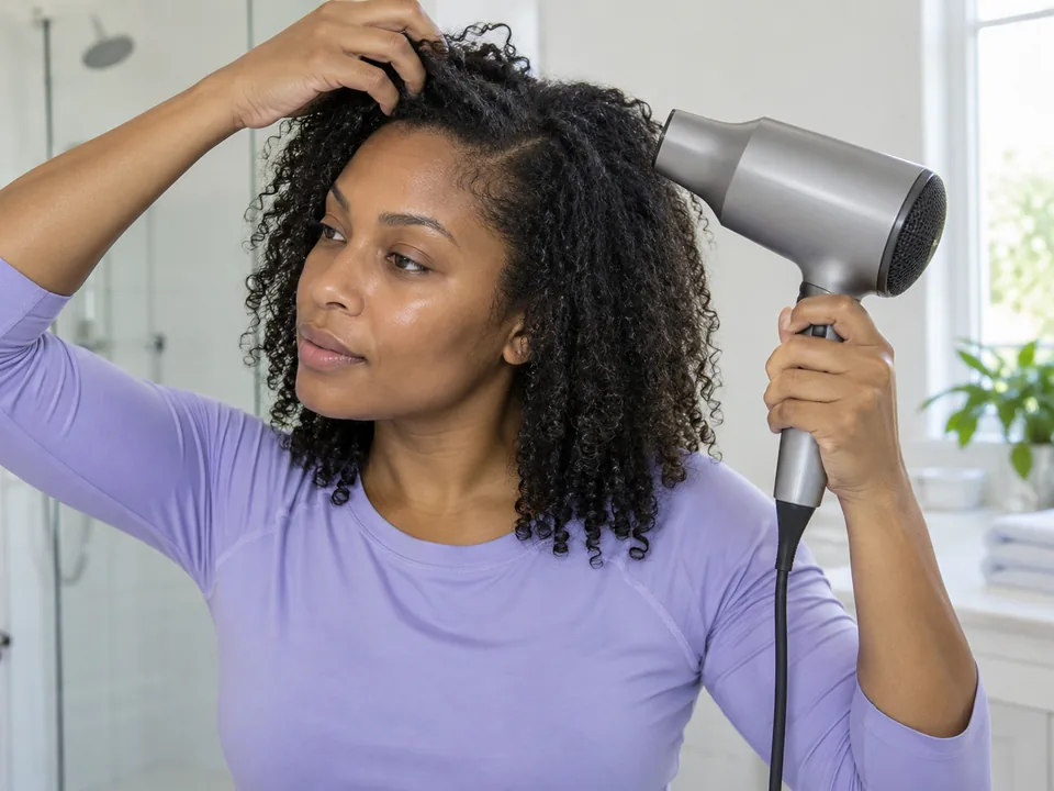 One hand lifts loose roots while the other moves a dryer on unheated cool airflow around the scalp area.