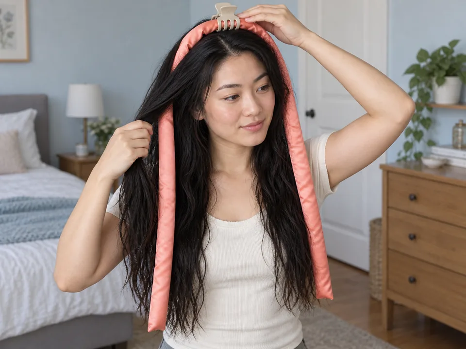 A woman with damp long loose hair centers a padded curling ribbon across her crown and holds its top clip with both hands.