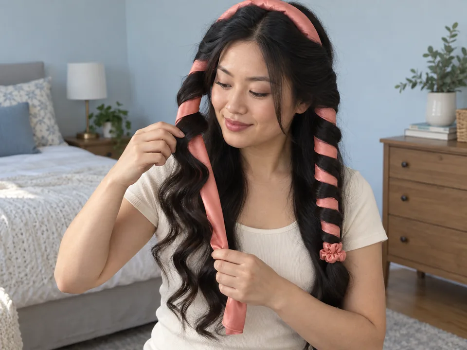 A woman unwinds one fully dry side from a soft curling ribbon while supporting the curl with her other hand.
