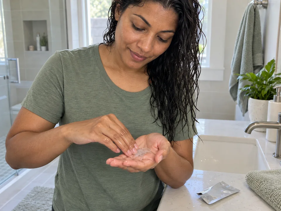 Rubbing a labeled dissolved crystal treatment with water in a cupped palm.