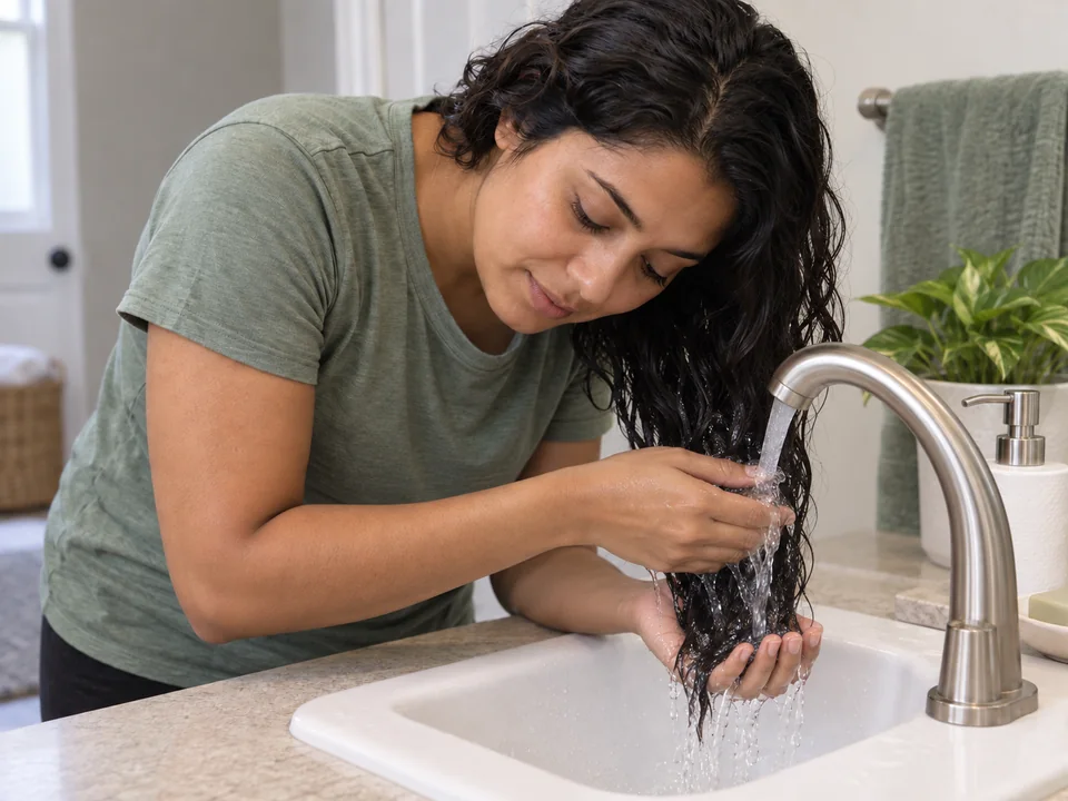 Rinsing a supported section with water visibly flowing through the hair.