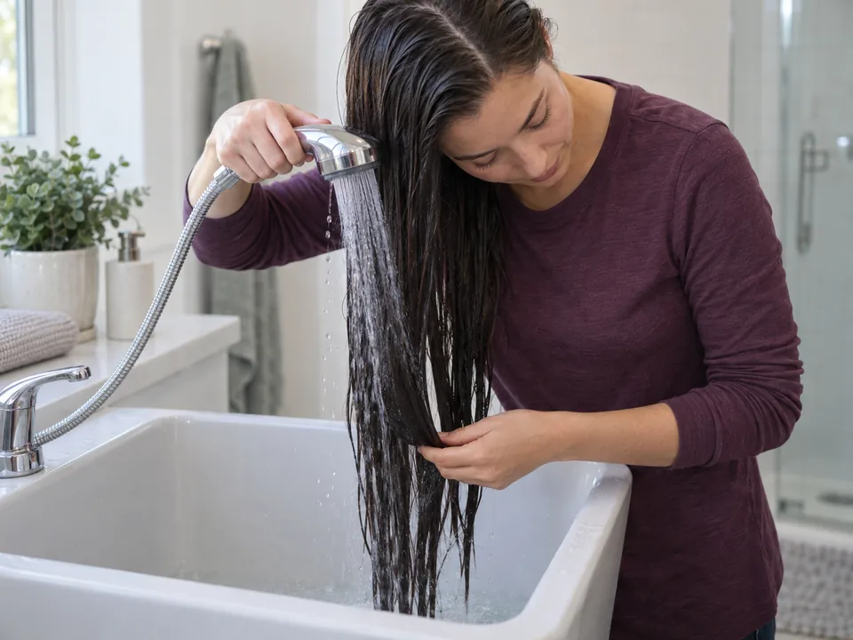 Both hands divide long wet hair loosely as water runs downward through the lengths.
