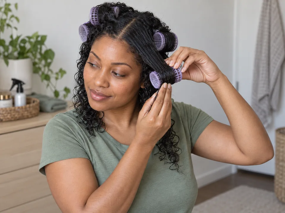 A woman uses both hands to wind the ends of one damp section smoothly around a nonheated roller.