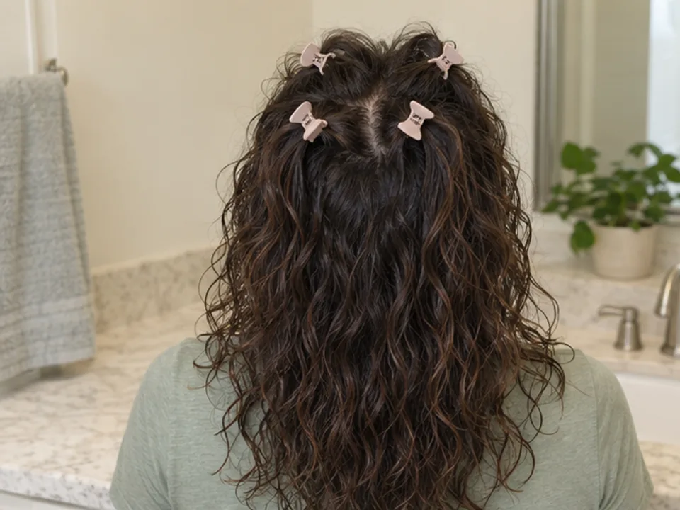 Four small lightweight clips lift selected crown roots while loose wavy-curly hair air-dries indoors.