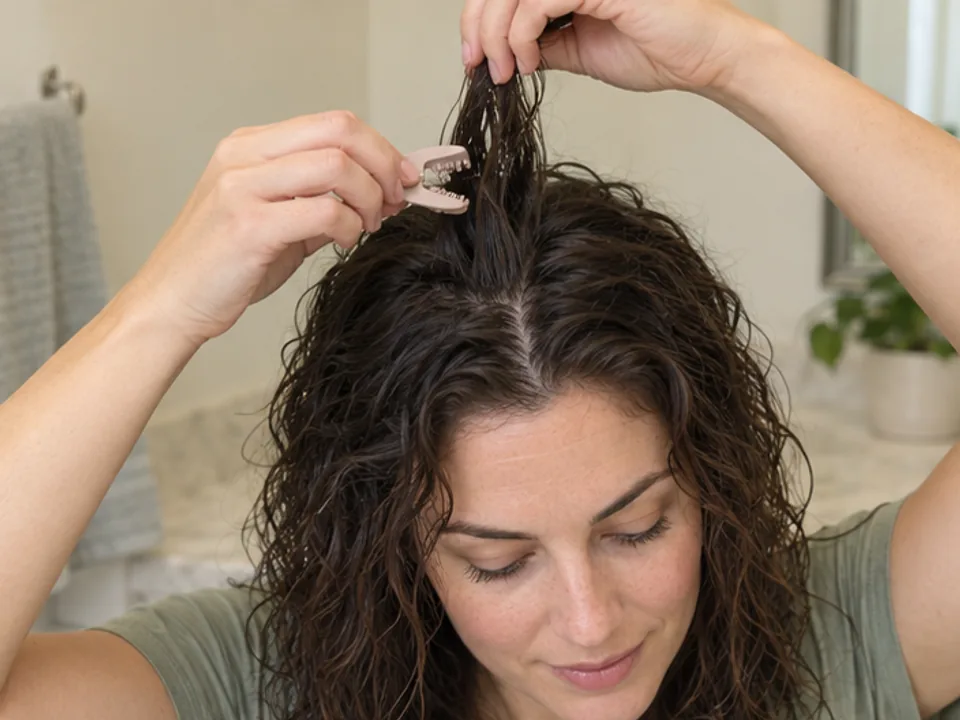 A woman supports a damp root clump upright with one hand and positions an open small root clip with the other.