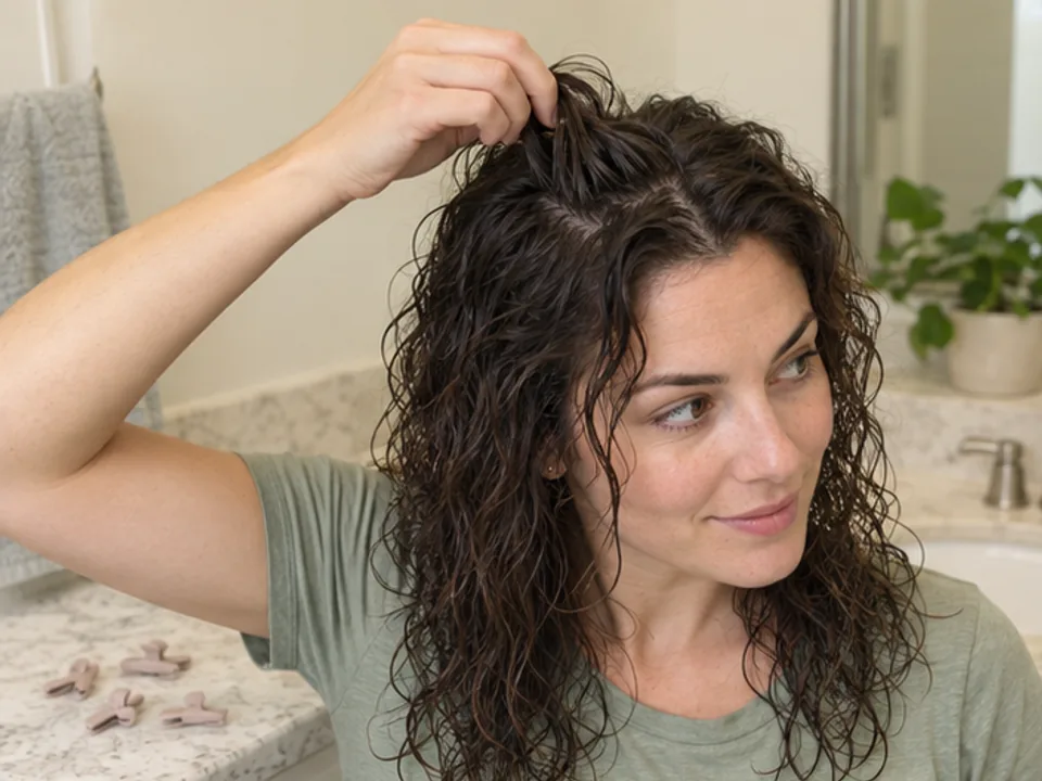 A woman lifts one small damp root clump at her crown while lightweight root clips rest on the bathroom counter.