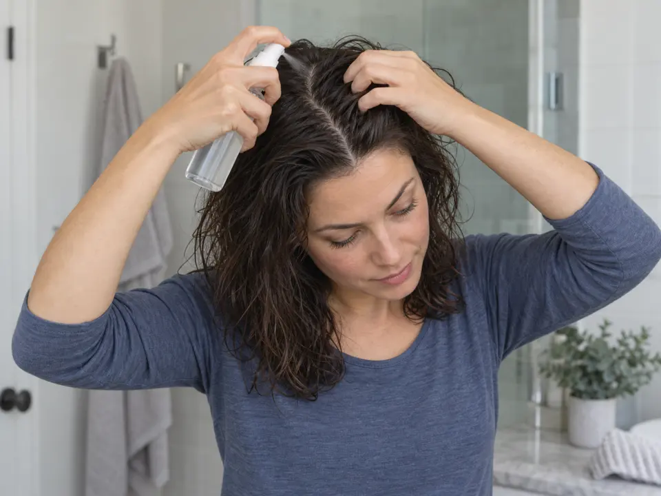 A woman sprays a root-lifting styling product along a visible part in damp hair.