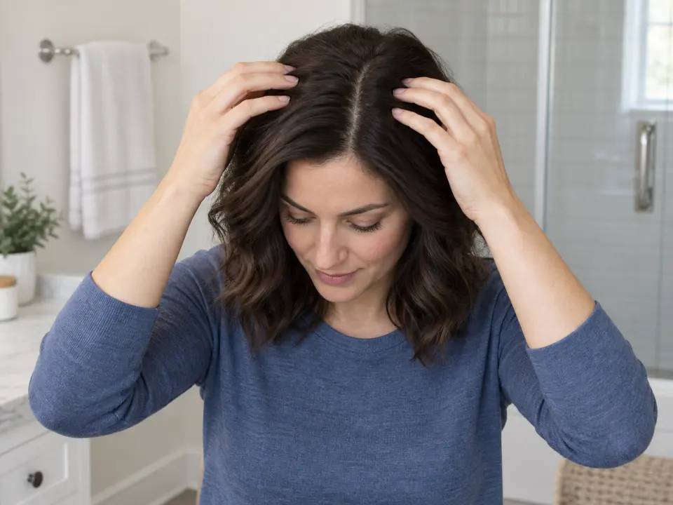 A woman lightly checks the dry roots along her part with open fingertips.
