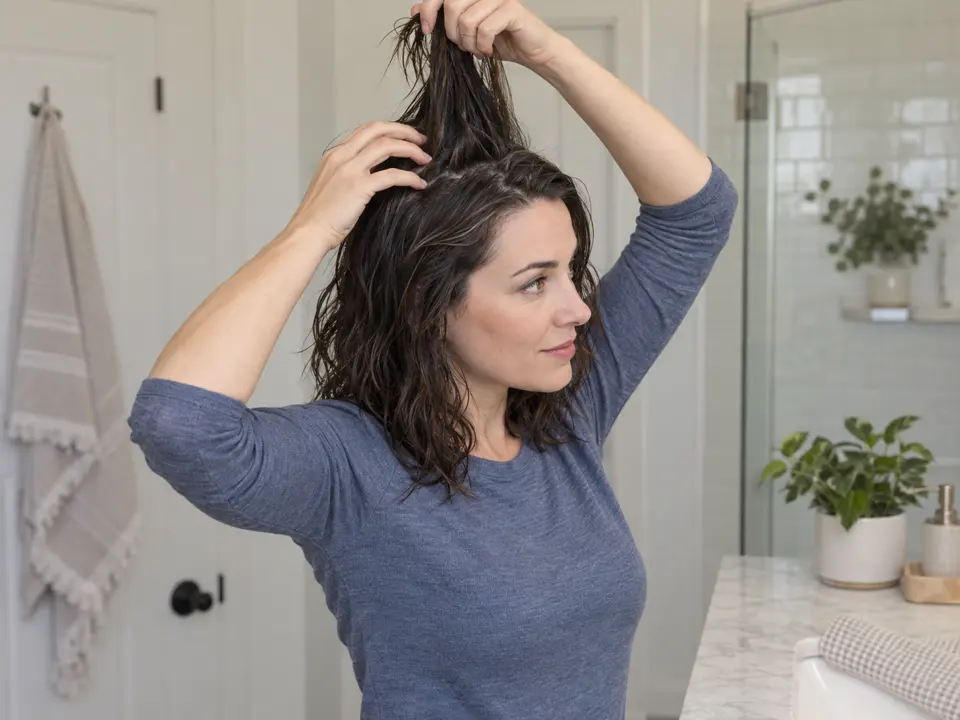 A woman lifts a damp crown section while arranging its roots with her fingertips.