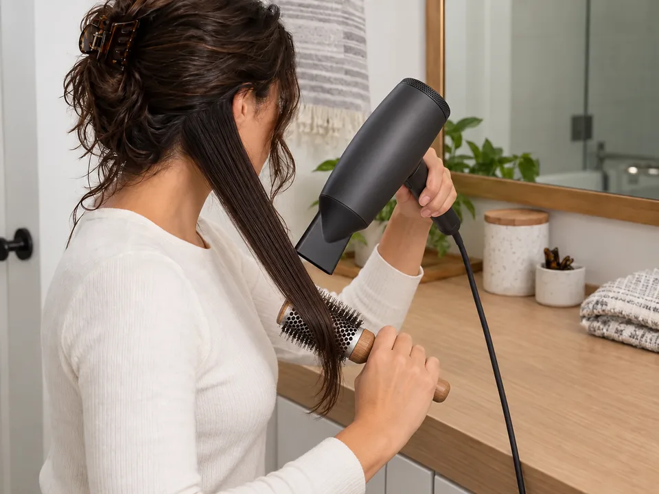A person makes one straight pass over the outside of a round brush on a visible side section while a dryer nozzle above it directs manual-confirmed unheated cool/cold airflow toward the ends.