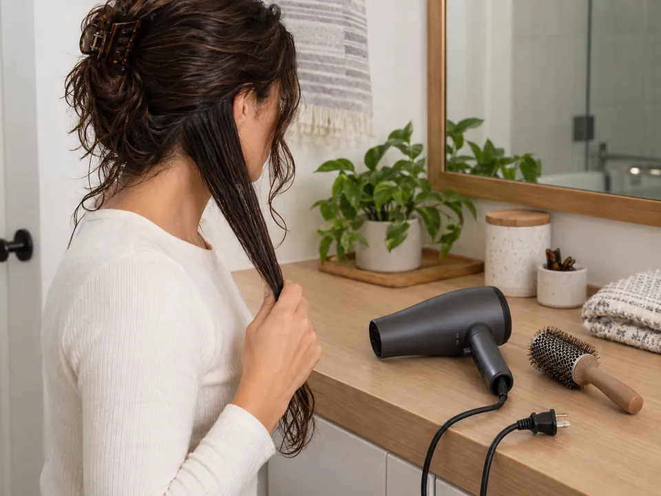 A person with a small damp hair section over one shoulder prepares a round brush and unplugged dryer on a dry bathroom counter.