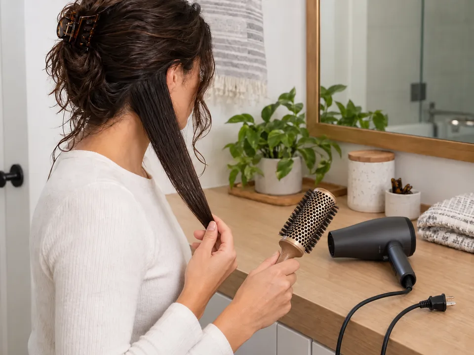A person holds a round brush clear of a loose straight hair section while the switched-off unplugged dryer rests on the counter.