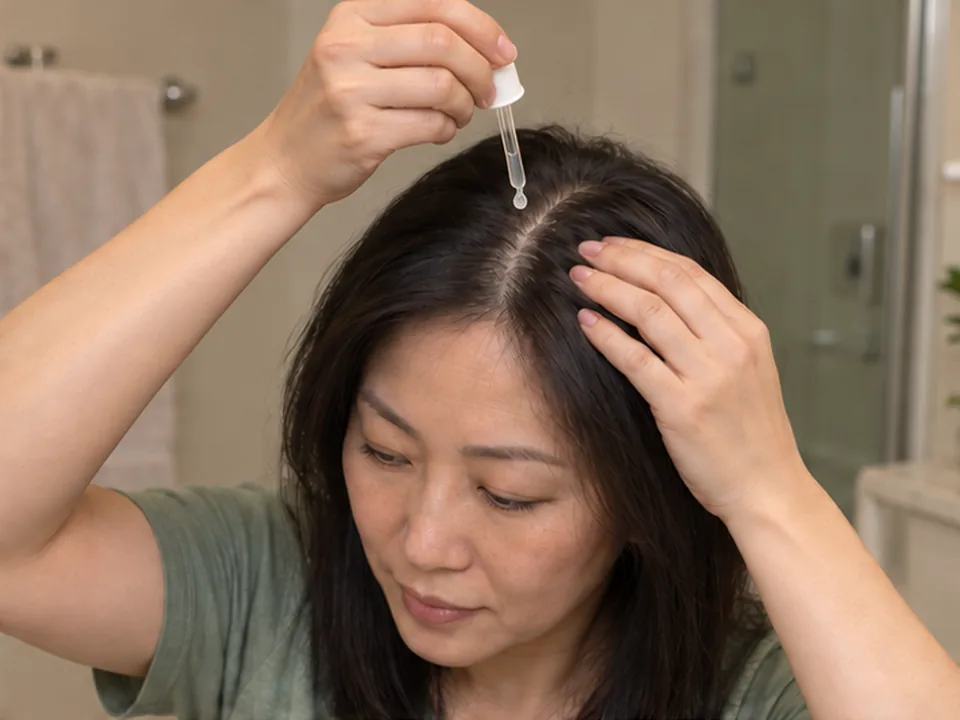 A woman holds her own hair aside while positioning a cosmetic dropper above an exposed scalp part.