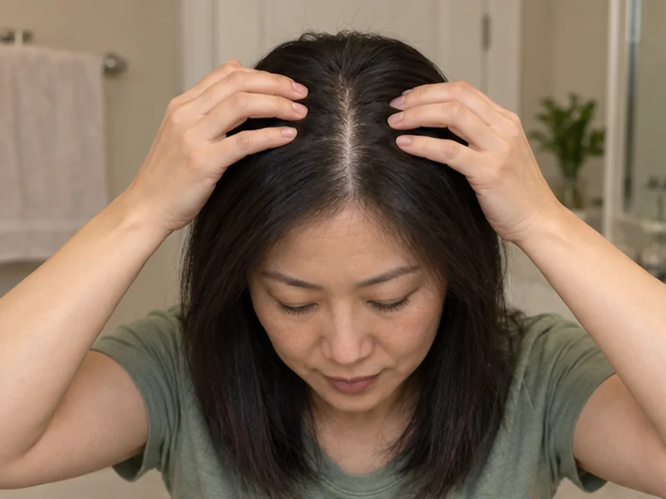 A woman uses her own fingertips to part loose dry hair and expose a line of scalp.